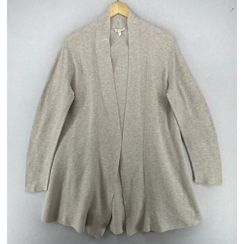 EILEEN FISHER Sweater L Organic Cotton Duster Cardigan Draped Open Front Beige
